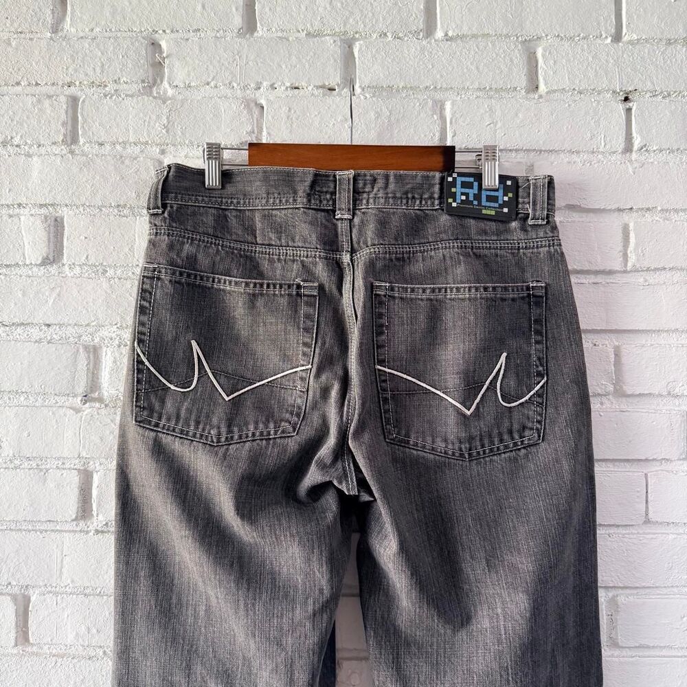Vintage Y2K Red BBQ Black Wash Baggy Embroidered Faded Denim Jeans (Size 36x32)